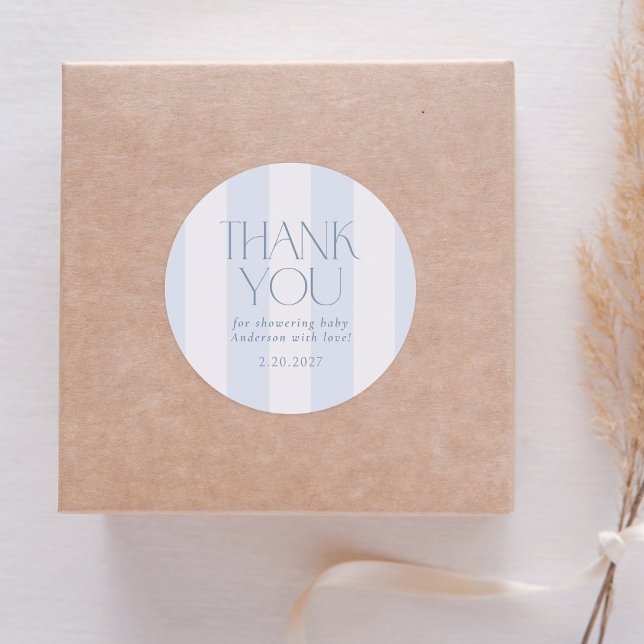 Sticker Rond Dusty Blue Modern Striped Baby Shower (Créateur téléchargé)