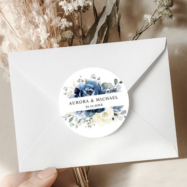 Sticker Rond Dusty Blue Navy Champagne Ivory Floral Mariage (Dusty Blue Navy Champagne Ivory Floral Wedding Classic Round Sticker)