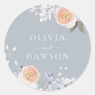 Sticker Rond Dusty Blue & Peach Mariage ou Fiançailles