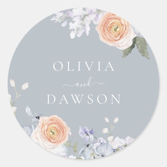 Sticker Rond Dusty Blue & Peach Mariage ou Fiançailles (Devant)