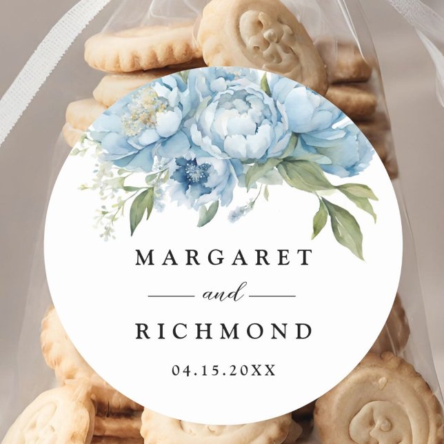 Sticker Rond Dusty Blue Peony Elegant Mariage aquarelle (Créateur téléchargé)