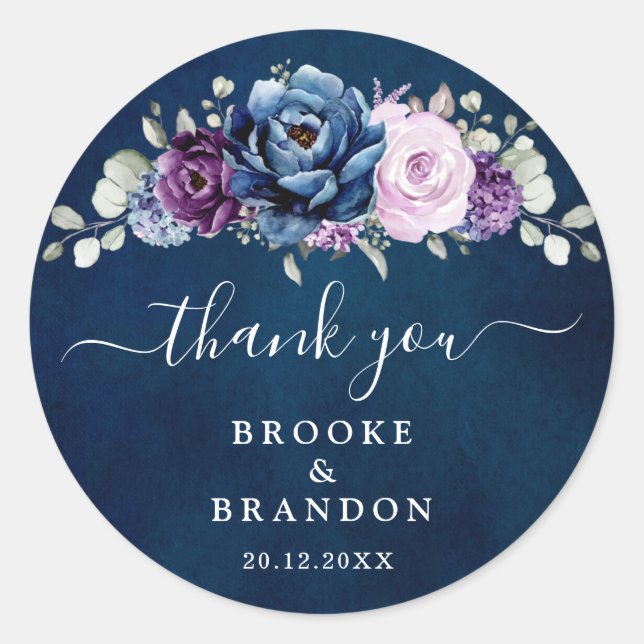 Sticker Rond Dusty Blue Purple Navy Lilac Blooms Mariage Classi (Devant)