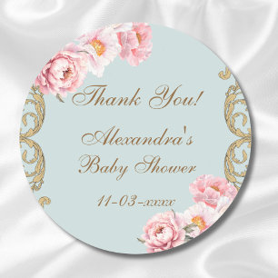 Sticker Rond Dusty Blue Rococo Baby shower Floral Merci