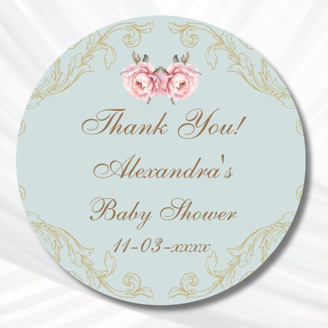 Sticker Rond Dusty Blue Rococo Peony Baby shower Merci (Créateur téléchargé)
