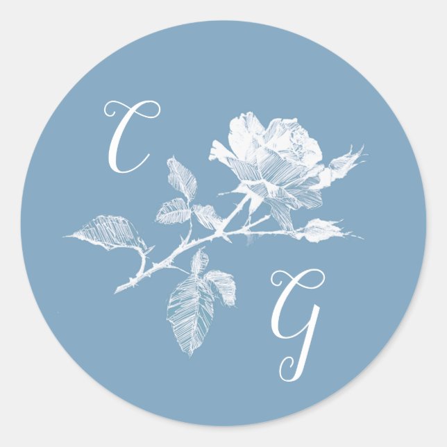 Sticker Rond Dusty Blue Rose Line Art Monogram Wedding (Devant)