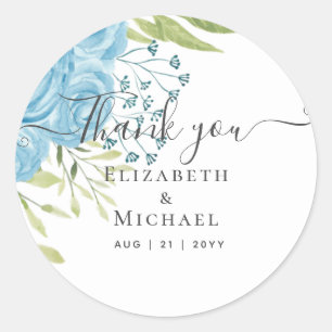 Sticker Rond Dusty Blue Roses Lime Budget Mariage Feuille