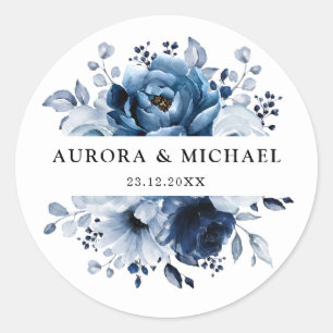Sticker Rond Dusty Blue Slate Navy Floral Botanal Mariage