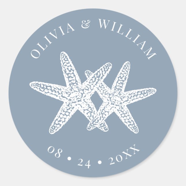Sticker Rond Dusty Blue Starfish Beach Mariage côtier (Devant)