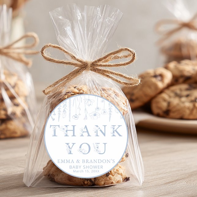 Sticker Rond Dusty Blue Wildflower Baby Shower Thank You  (Blue Wildflower Thank You Sticker)