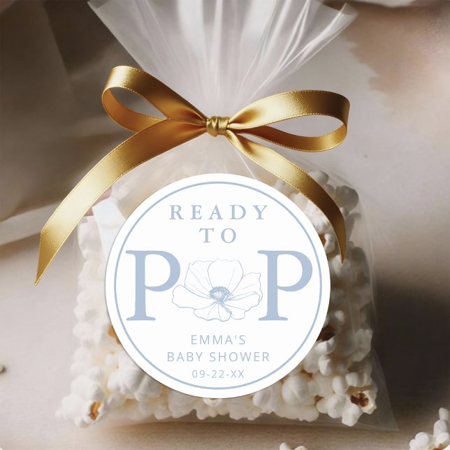 Sticker Rond Dusty Blue Wildflower Ready to Pop Baby Shower  (Ready To Pop - Dusty Blue Baby Shower Sticker)