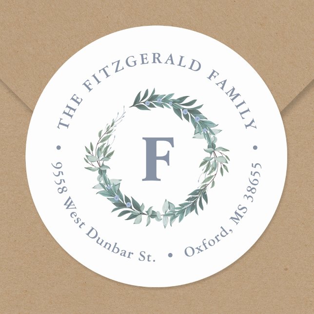 Sticker Rond Dusty Blue Wreath Monogramme Adresse de retour (Créateur téléchargé)