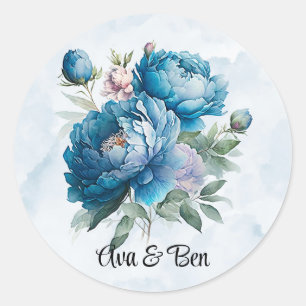 Sticker Rond Dusty et marine Watercolor Mariage Peony