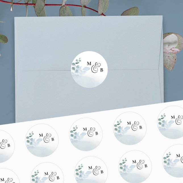 Sticker Rond Dusty Eucalyptus Élégant Mariage monogramme (Créateur téléchargé)