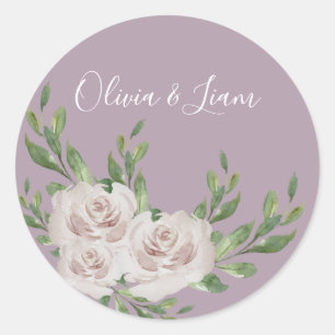 Sticker Rond Dusty Lavender Floral Élégant Mariage Script