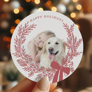 Sticker Rond Dusty Red Christmas Wreath Photo