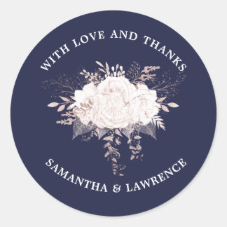 Sticker Rond Dusty Rose blanc Floral Navy Mariage bleu