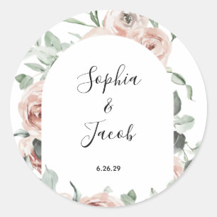Sticker Rond Dusty Rose Blush Floral Eucalyptus Mariage Classiq