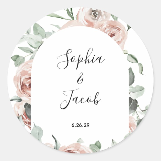 Sticker Rond Dusty Rose Blush Floral Eucalyptus Mariage Classiq (Devant)