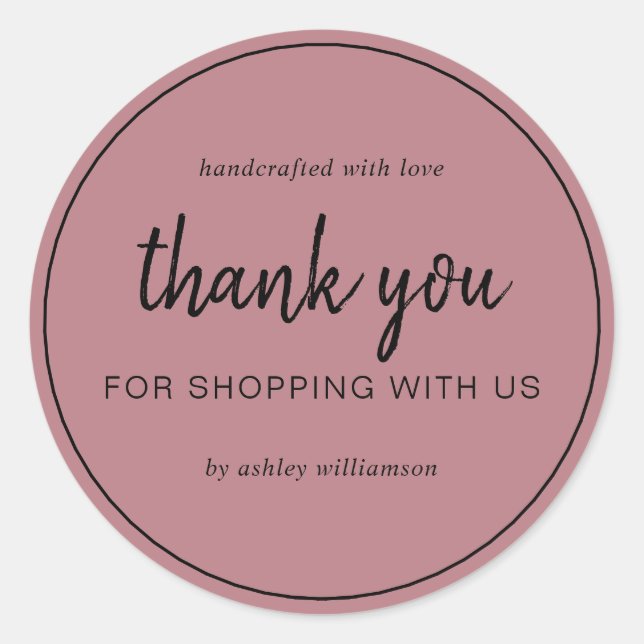 Sticker Rond Dusty Rose Chic Script Thank You For Shopping (Devant)