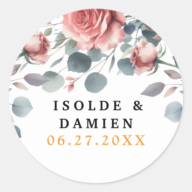 Sticker Rond Dusty Rose ElegantPink Mauve Greenery Floral Gold  (Devant)