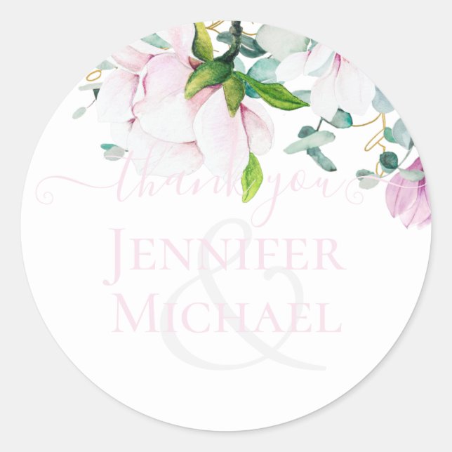 Sticker Rond Dusty rose Magnolias Eucalyptus Merci Classique (Devant)