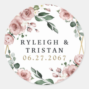 Sticker Rond Dusty Rose rose et or Floral Mariage