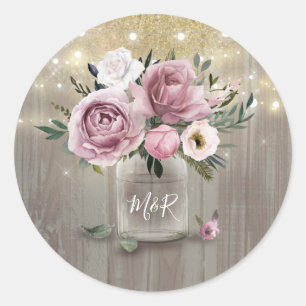 Sticker Rond Dusty Rose Rustic Country Floral Mason Jar