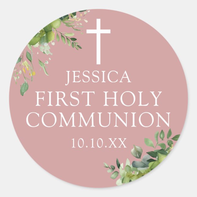 Sticker Rond Dusty Rose Verdure Première Communion Sainte Favor (Devant)
