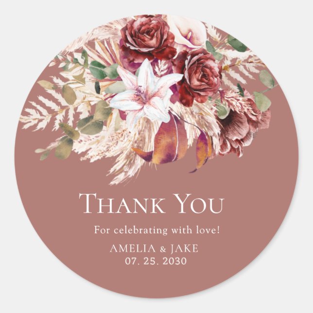 Sticker Rond Dusty Rosewood & Burgundy Blush Floral Wedding  (Devant)
