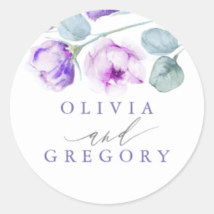 Sticker Rond Dusty Violet Rose Floral Élégant Mariage