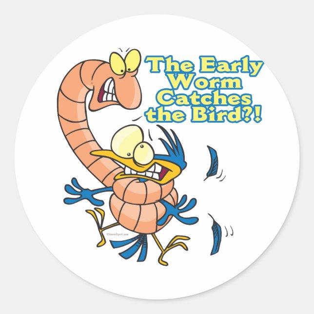 Sticker Rond early worm attrape l'oiseau drôle dessin animé (Devant)