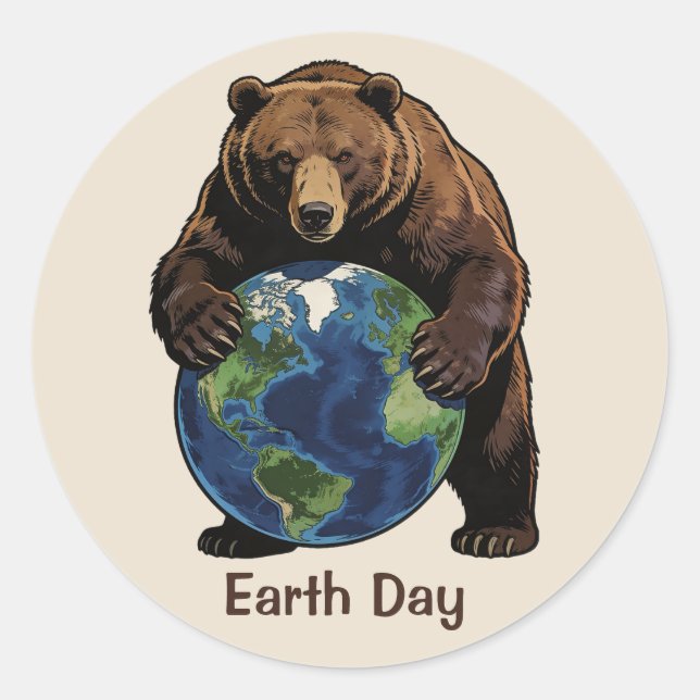 Sticker Rond Earth Day Bear Hugging Planet Design (Devant)