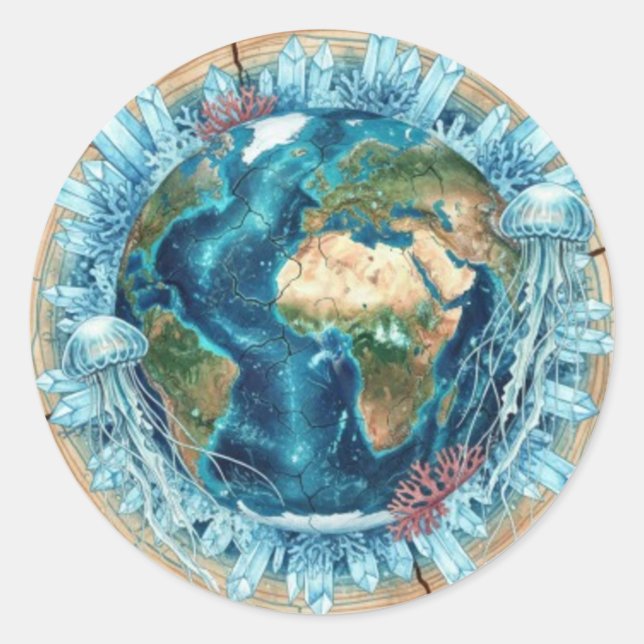 Sticker Rond Earth Nature Fusion with Ocean Life & Crystal art  (Devant)