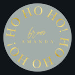 Sticker Rond Earth Tones Green Gold Christmas Ho Ho Ho ID1009<br><div class="desc">Si vous vous demandez quelles combinaisons de couleurs choisir pour votre décoration de Noël et vos fournitures d'enveloppement cadeau cette année, j'ai créé des collections de motifs de coordination pour rendre la vie un peu plus facile. Cet élégant design typographique de Noël présente "Ho Ho Ho" dans un motif circulaire...</div>