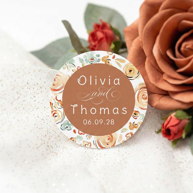 Sticker Rond Earthy Floral Whimsical Elegant Fall Wedding (Whimsical Earthy Wedding Stickers with couples names)