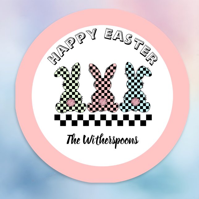 Sticker Rond Easter Bunny Checkerboard Pink Green Teal Monogram (Créateur téléchargé)