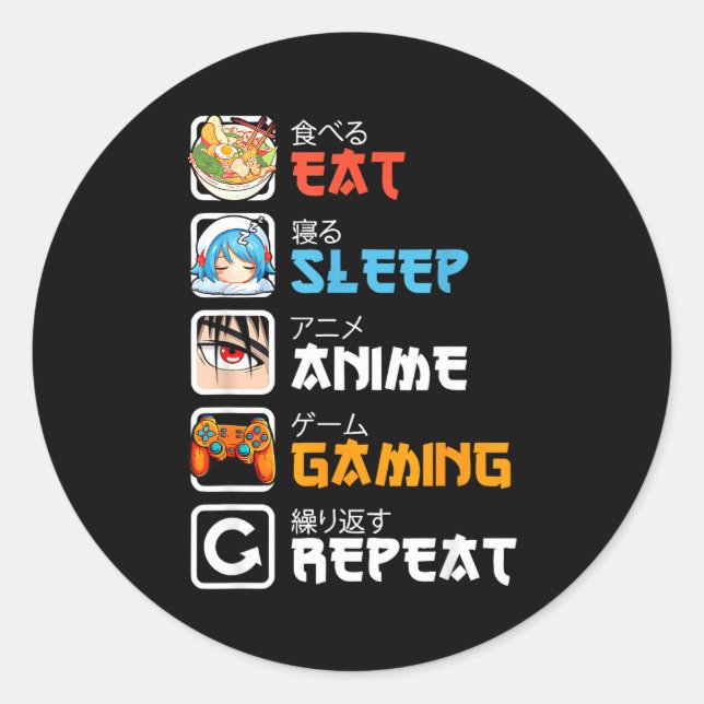 Sticker Rond Eat Sleep Anime Gaming Repeat Gamer Men Teen Boy G (Devant)