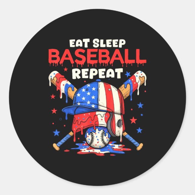 Sticker Rond Eat Sleep Baseball Repeat Funny Ice Cream Drip Cro (Devant)