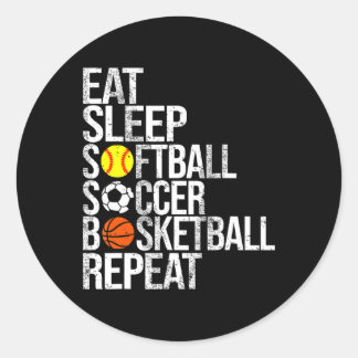 Sticker Rond Eat Sleep Softll Soccer Sketll Repeat Funny Sport 