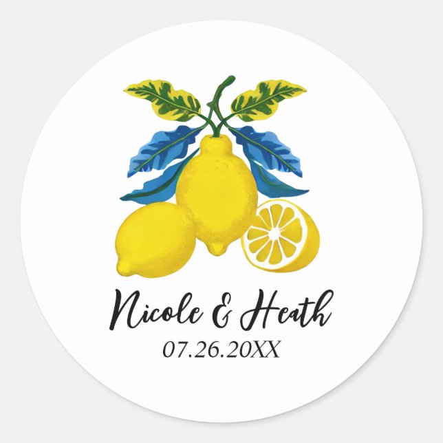 Sticker Rond Eau aquarelle jaune bleu méditerranéen mariage (Devant)