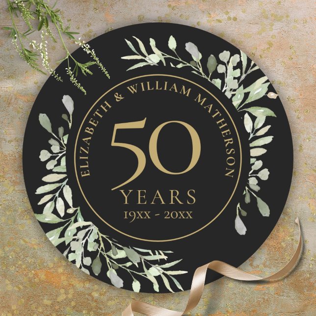 Sticker Rond Eau noire couleur or verdure 50e anniversaire (Black Gold Watercolour Greenery 50th Anniversary Classic Round Sticker)