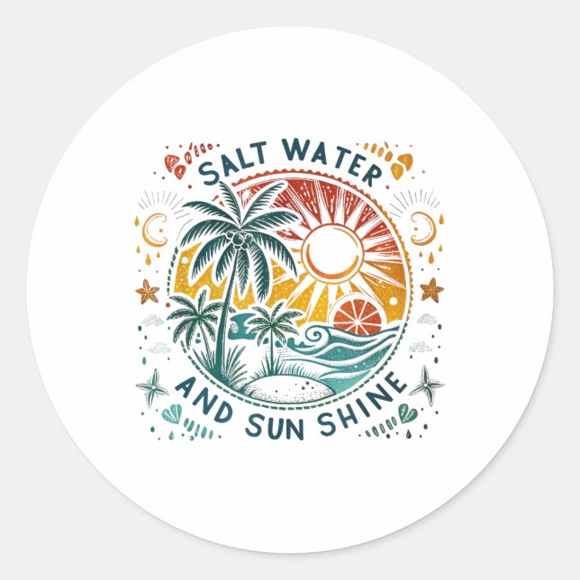 Sticker Rond Eau salée Soleil brillant Rétro Vibes de plage d'é (Devant)