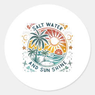 Sticker Rond Eau salée Soleil brillant Rétro Vibes de plage d'é