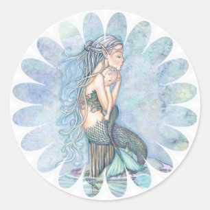 Sticker Rond Eaux Calmes Mère et Enfant Sirène Baby Shower