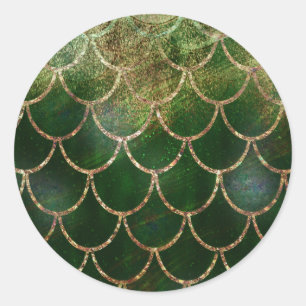 Sticker Rond Écaille de poisson sirène scintillante verte et or