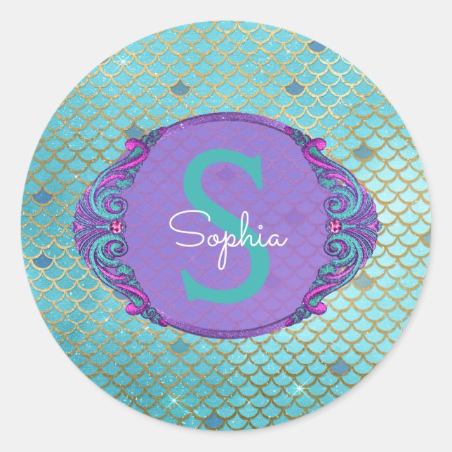 Sticker Rond Échelle de sirène turquoise et violette Monogramme (Devant)