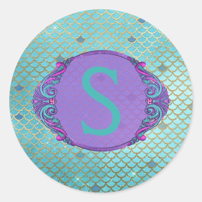 Sticker Rond Échelle de sirène turquoise et violette Monogramme (Devant)
