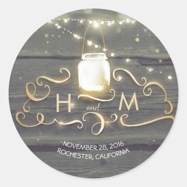 Sticker Rond Éclairage à cordes Jar Mason Initiales en bois rus (Devant)