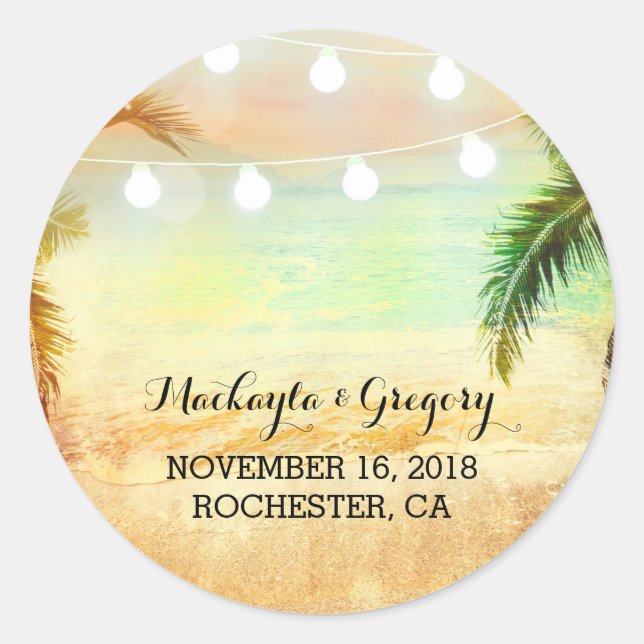 Sticker Rond Éclairage à cordes Palms Beach Sunset Mariage Stic (Devant)