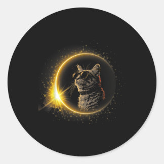 Sticker Rond Éclipse solaire 2024 Chat portant un verre Éclipse